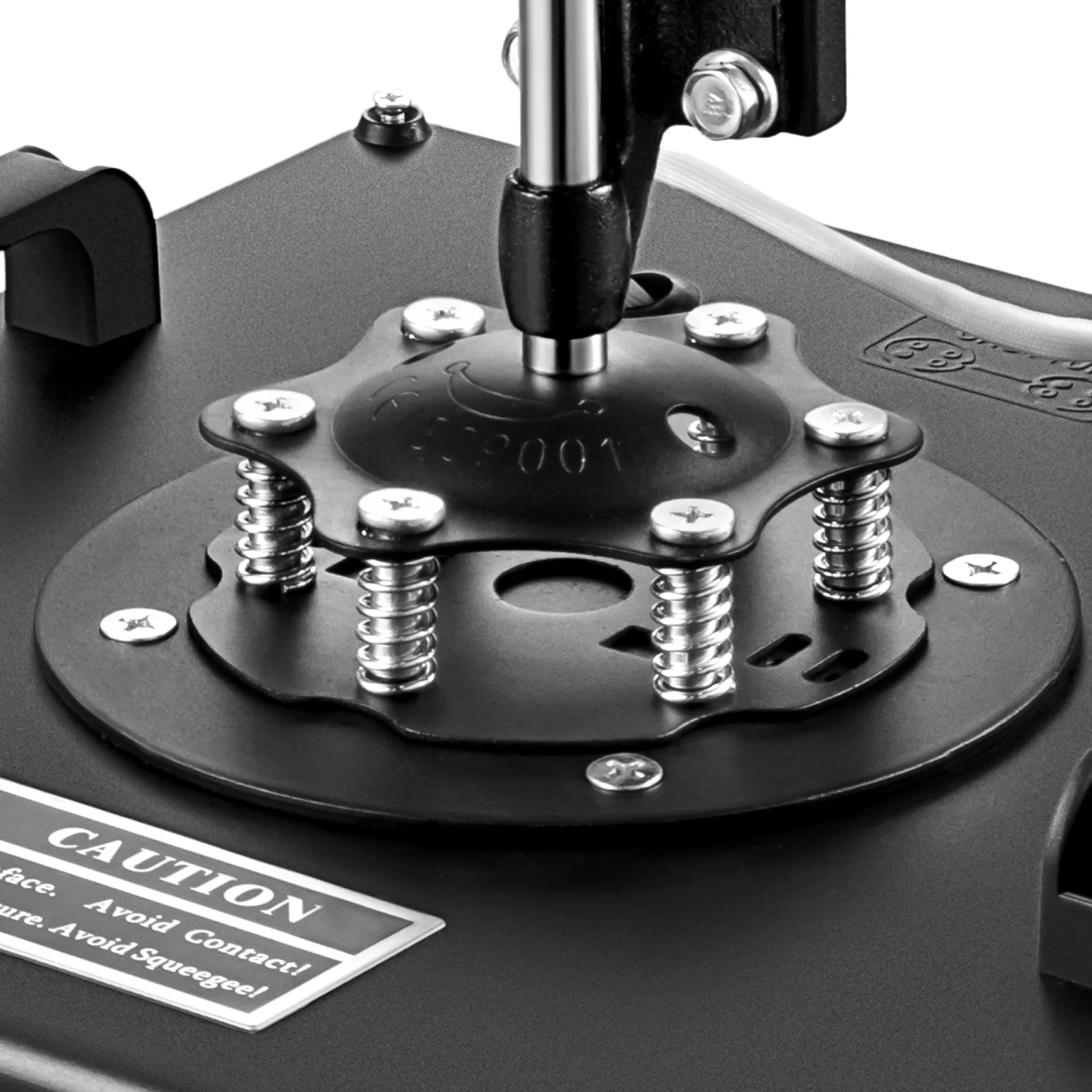 VEVOR heat press machine components with springs and caution label.