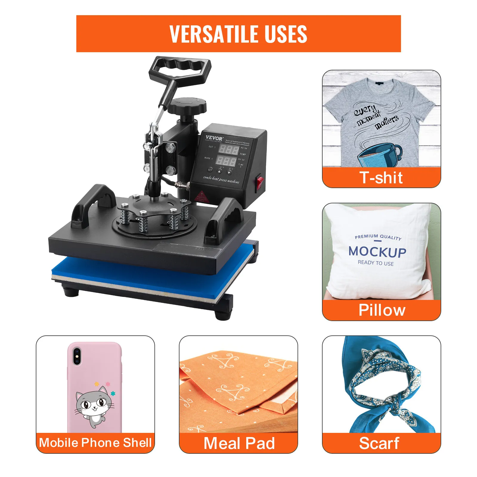 VEVOR-hittepers met veelzijdige toepassingen voor t-shirts, kussens, telefoonhoesjes, maandverband en sjaals.