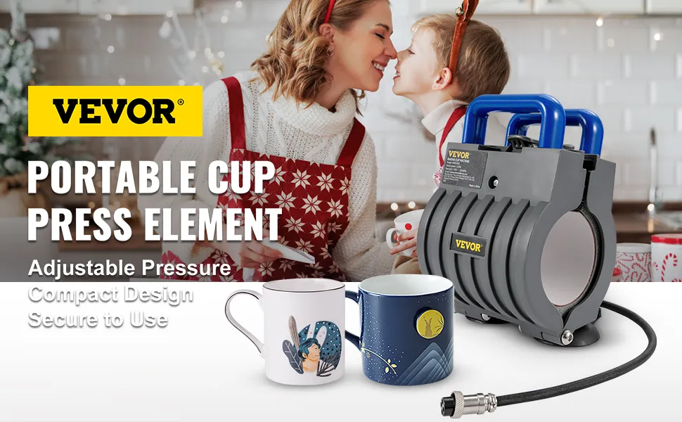 VEVOR mug heat press with two printed mugs, adjustable pressure, compact design, and secure to use.