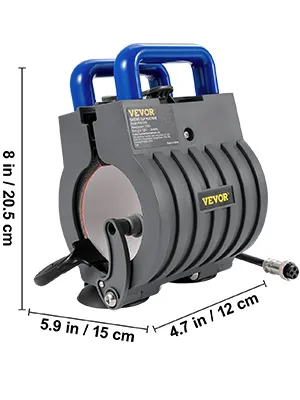 VEVOR mug heat press with blue handles, compact design, and dimensions labeled: 8x5.9x4.7 inches.