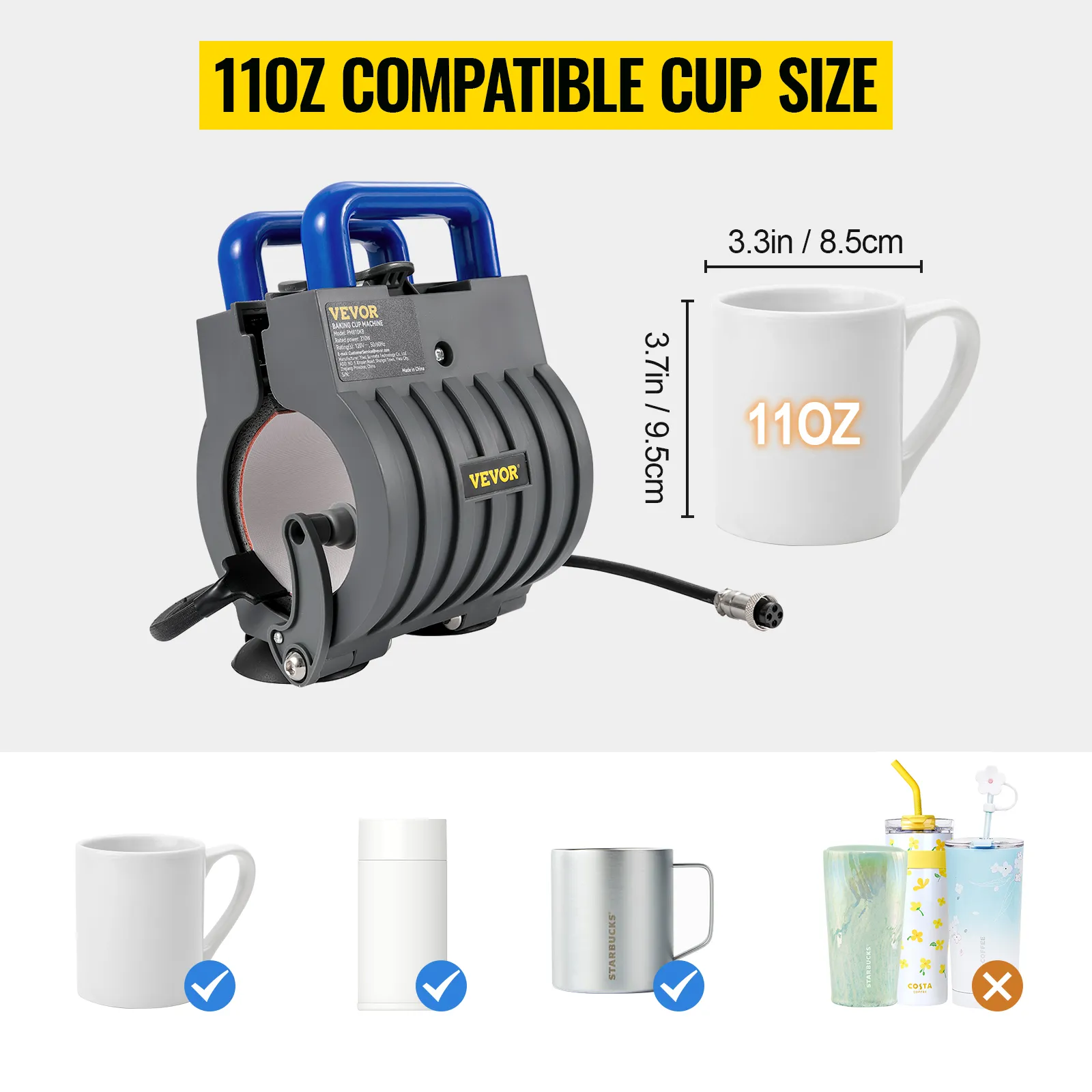 VEVOR mug heat press compatible with 11oz cups, suitable for ceramic mugs, thermos, and metal cups.