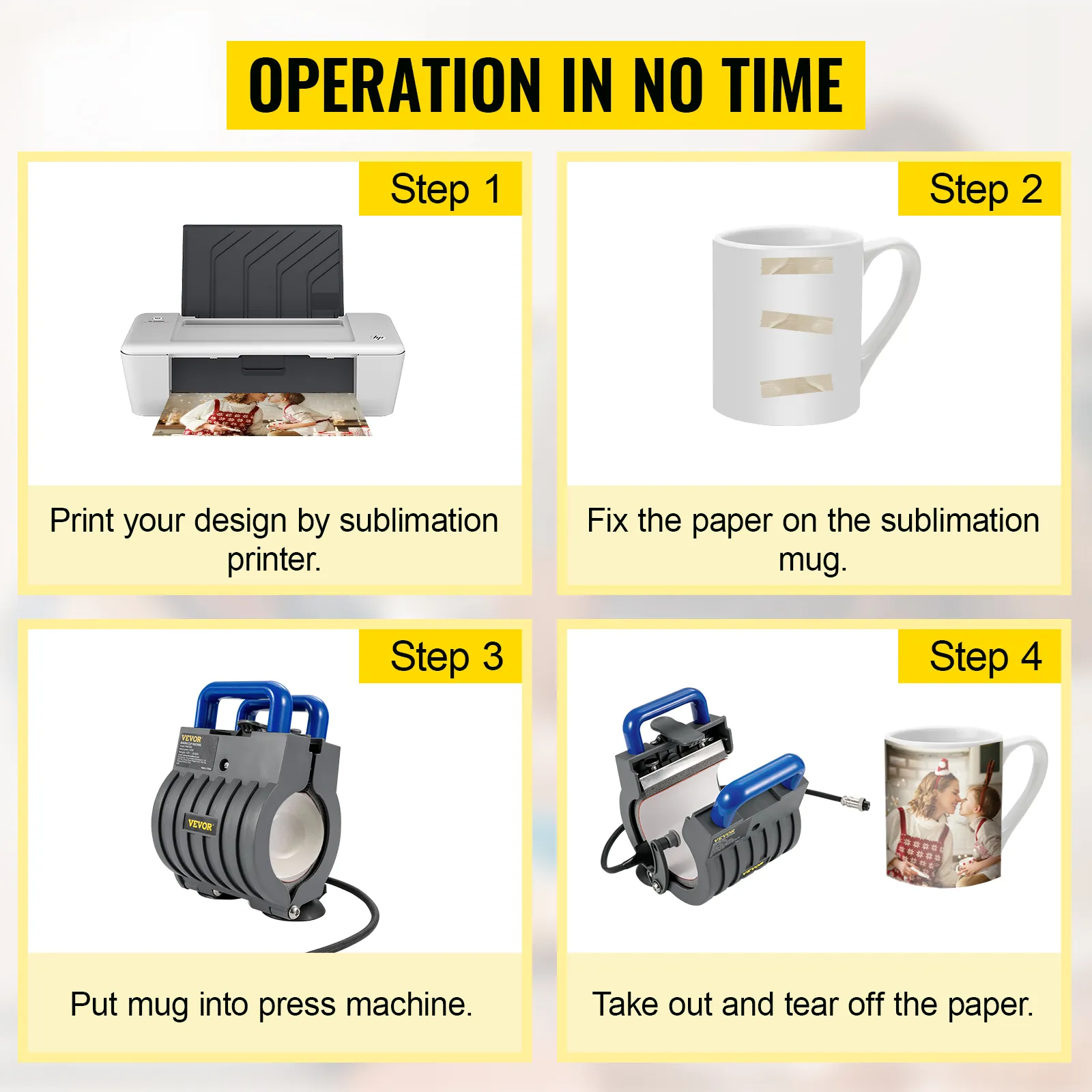 4-step guide to use VEVOR mug heat press: print design, attach to mug, press, then remove paper.