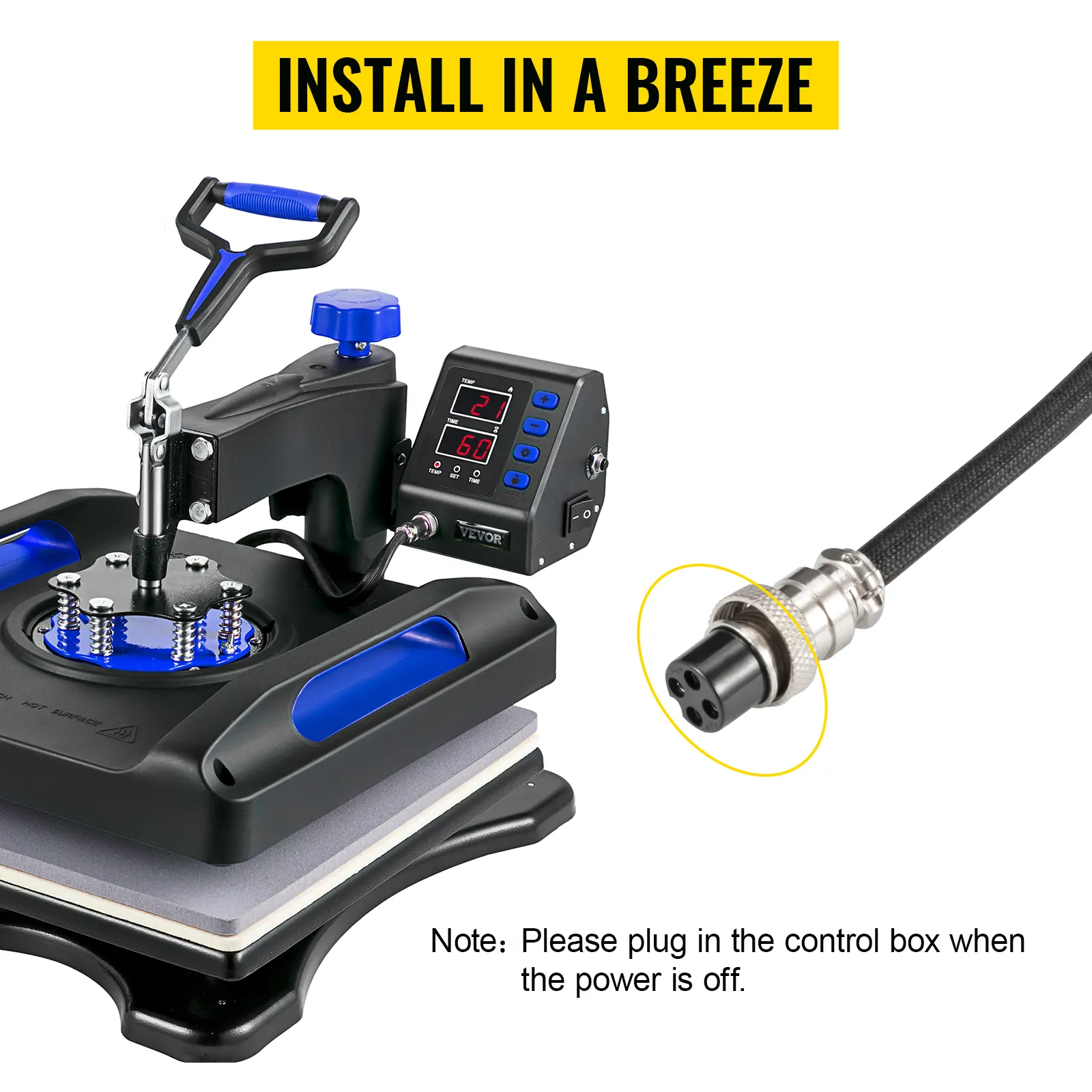 VEVOR mug heat press with digital display and black handle, labeled "install in a breeze".