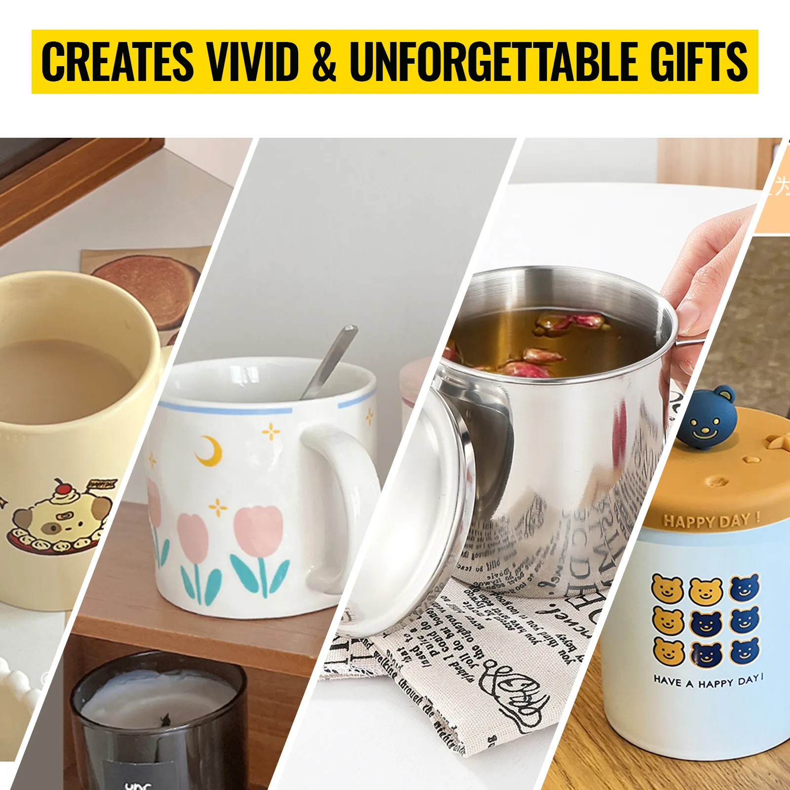 colorful mugs showcasing designs made with VEVOR mug heat press, creating vivid and unforgettable gifts.