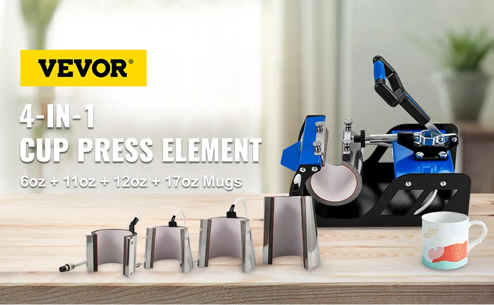 VEVOR cup heat press attachment on a wooden table with four mug press elements and a colorful mug.