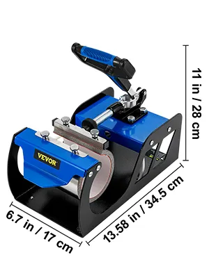 VEVOR cup heat press attachment with dimensions 11in x 13.58in x 6.7in in blue and black colors.