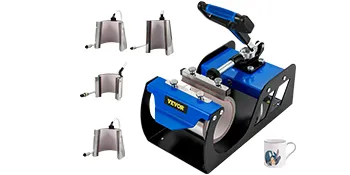 VEVOR cup heat press attachment with multiple heating pads and a custom-printed mug.