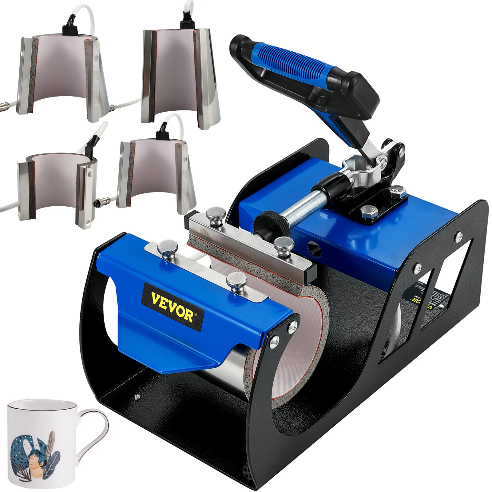 VEVOR cup heat press attachment with blue handle, interchangeable heating elements, and a printed mug.