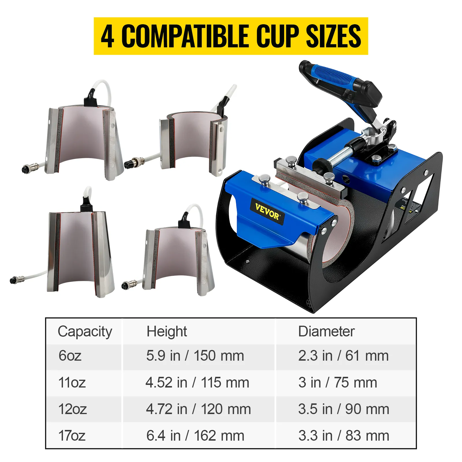 VEVOR cup heat press attachment in blue with four compatible cup sizes: 6oz, 11oz, 12oz, 17oz.