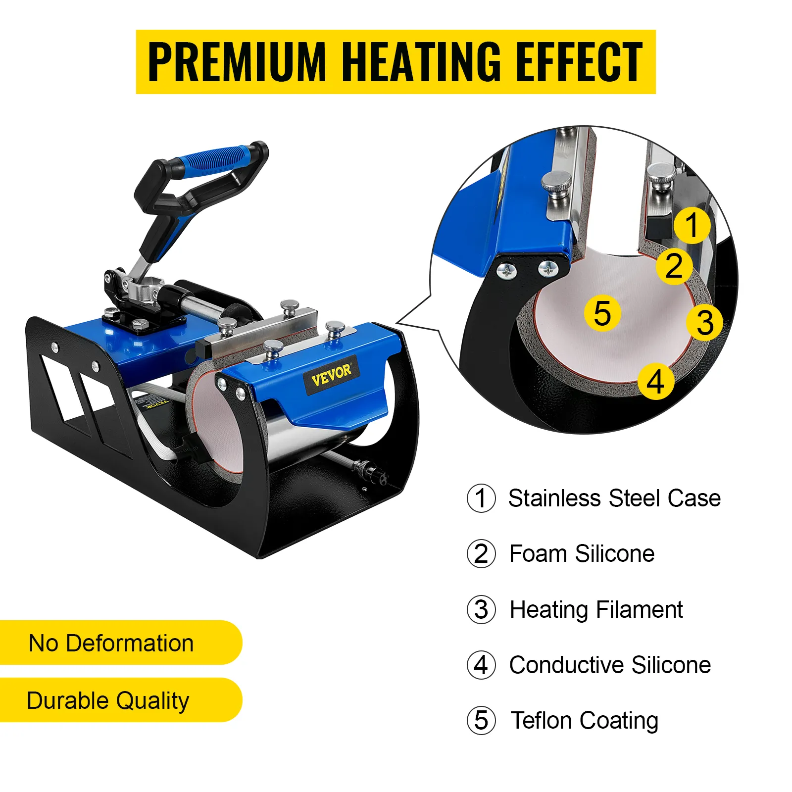 VEVOR cup heat press attachment with stainless steel case, heating filament, and teflon coating. premium heating effect.