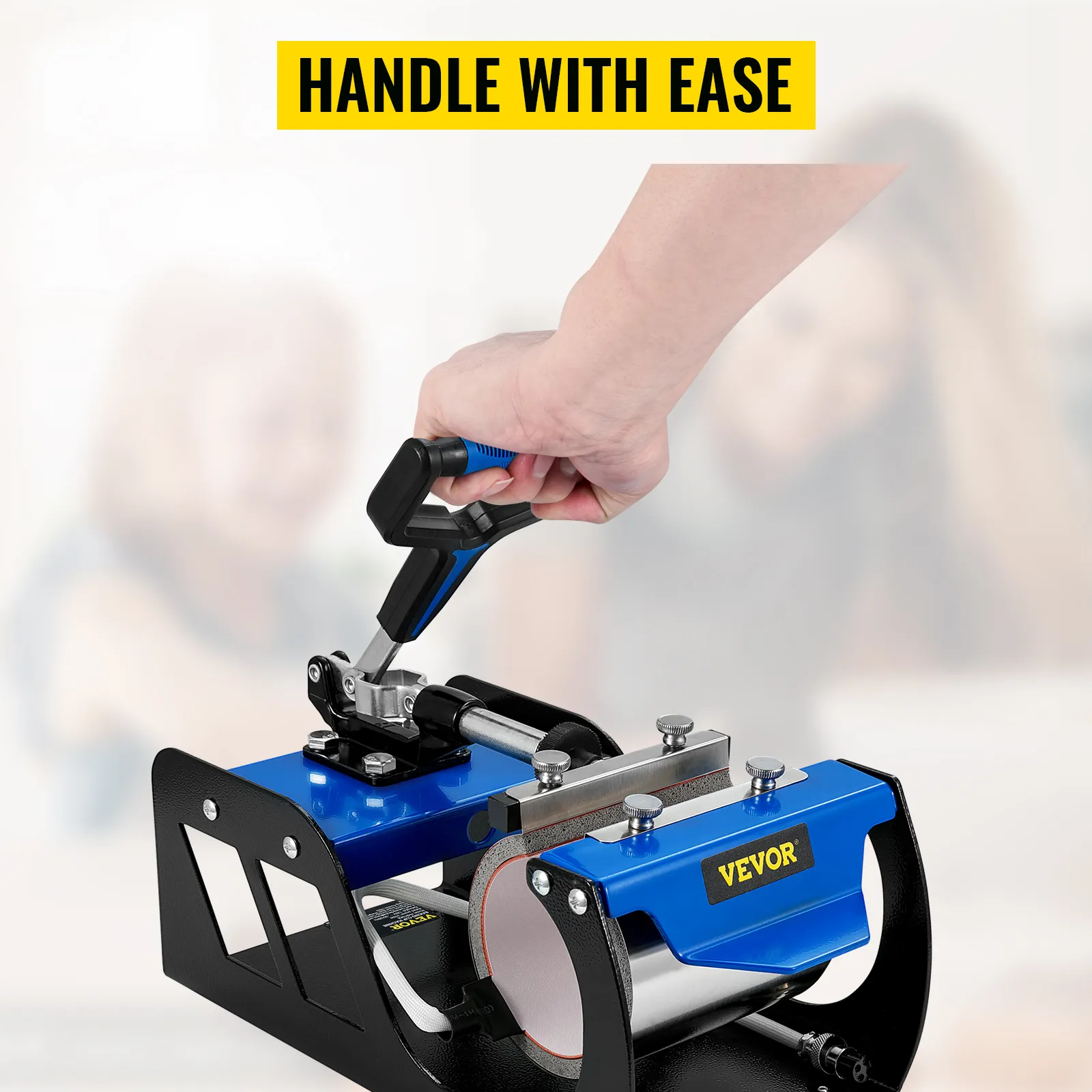 VEVOR cup heat press attachment with handle being gripped, showcasing ease of use and ergonomic design.