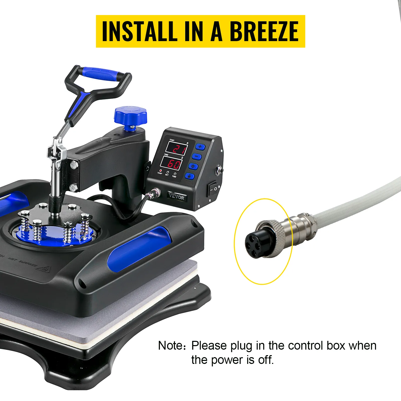 VEVOR cup heat press attachment with digital control box and power cord, labeled "install in a breeze".