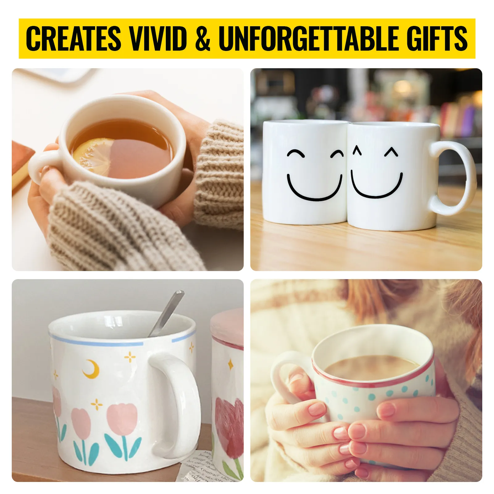 four custom mugs with unique designs, showcasing the VEVOR cup heat press attachment benefits.