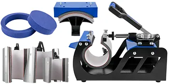 Máquina de prensado térmico VEVOR con varios accesorios para tazas, gorras y platos.