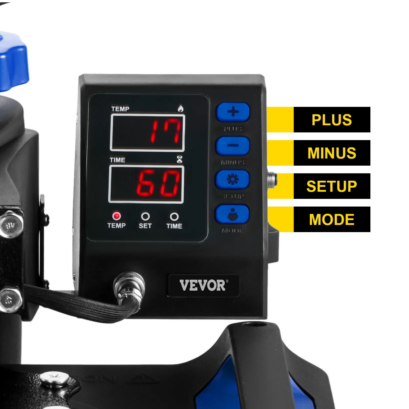 Panel de control de la máquina de prensado térmico VEVOR con visualización de temperatura y tiempo.