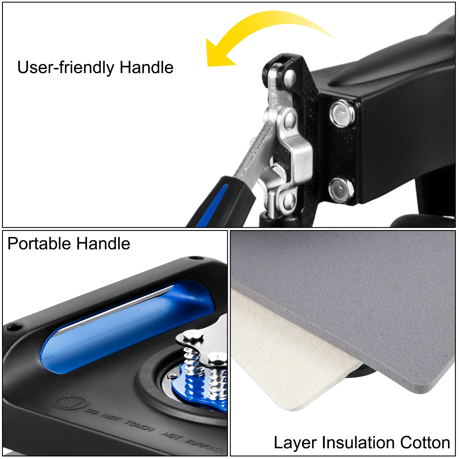 Máquina de prensado térmico VEVOR con mango fácil de usar, mango portátil y capa de aislamiento de algodón.