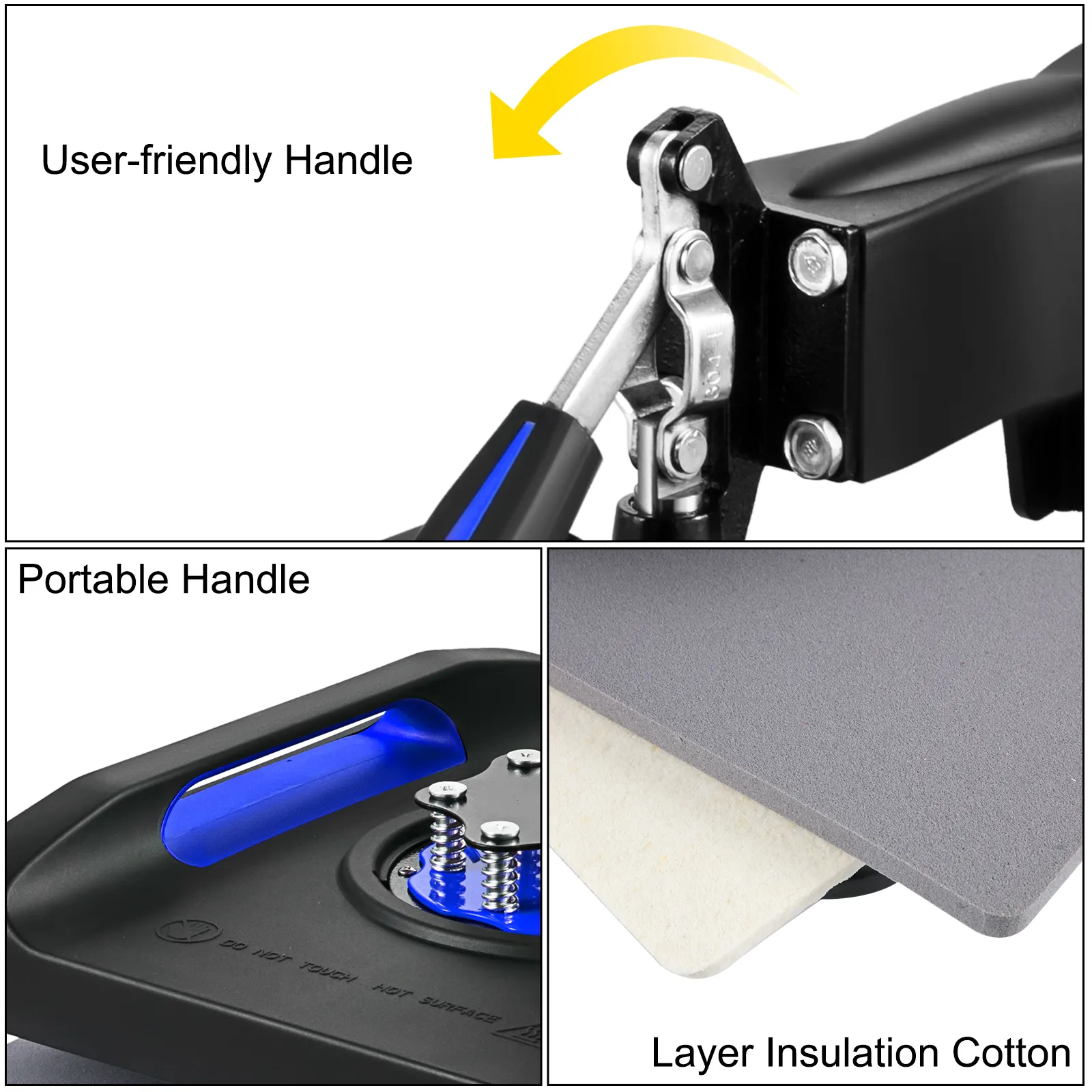 Máquina de prensado térmico VEVOR con mango fácil de usar, mango portátil y algodón aislante.