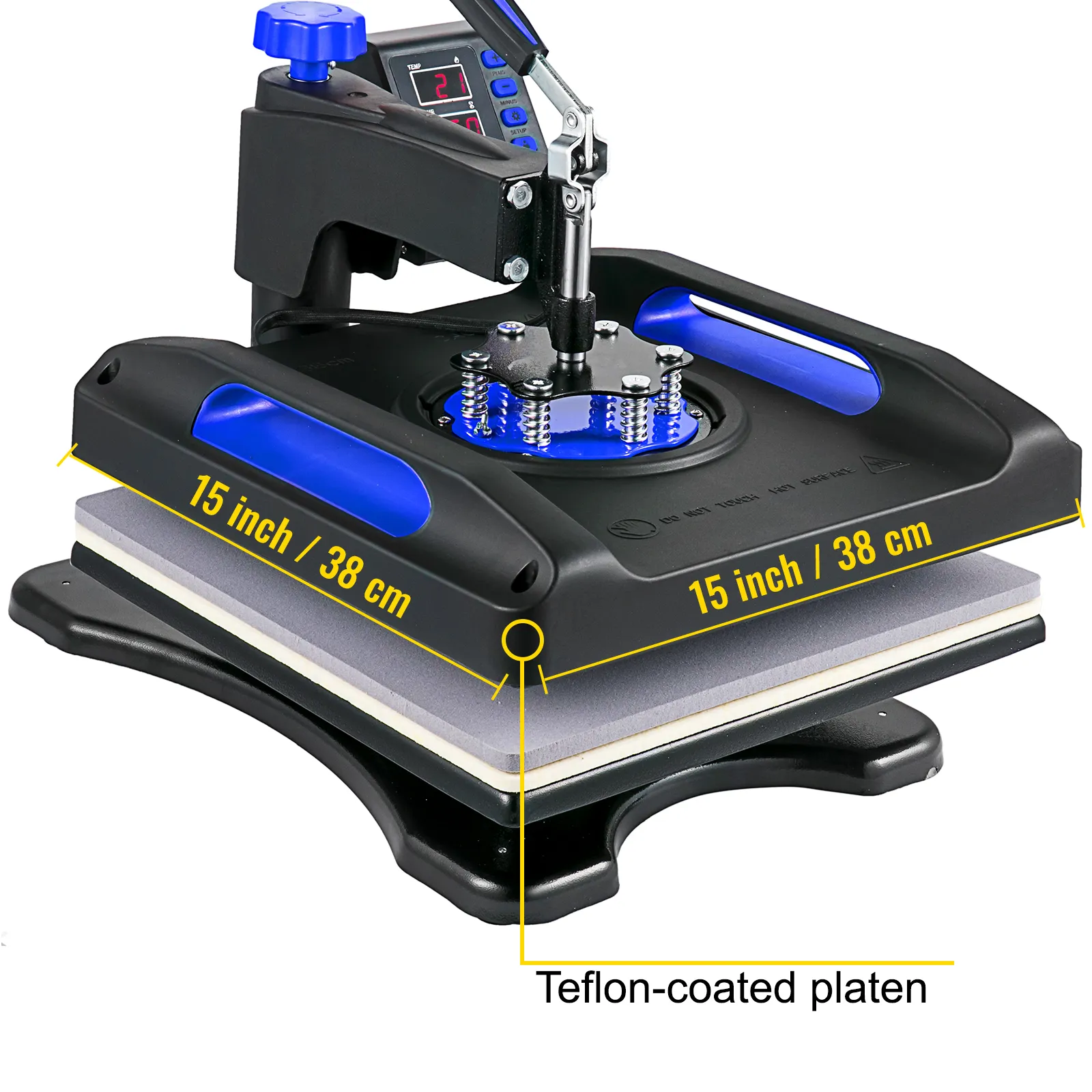 Máquina de prensado térmico VEVOR con placa recubierta de teflón de 15 pulgadas y controles digitales.