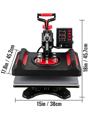 Máquina de prensado térmico VEVOR con asas dobles, pantalla digital y medidas de tamaño.