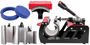 Máquina de prensado térmico VEVOR con múltiples accesorios para tazas y platos.