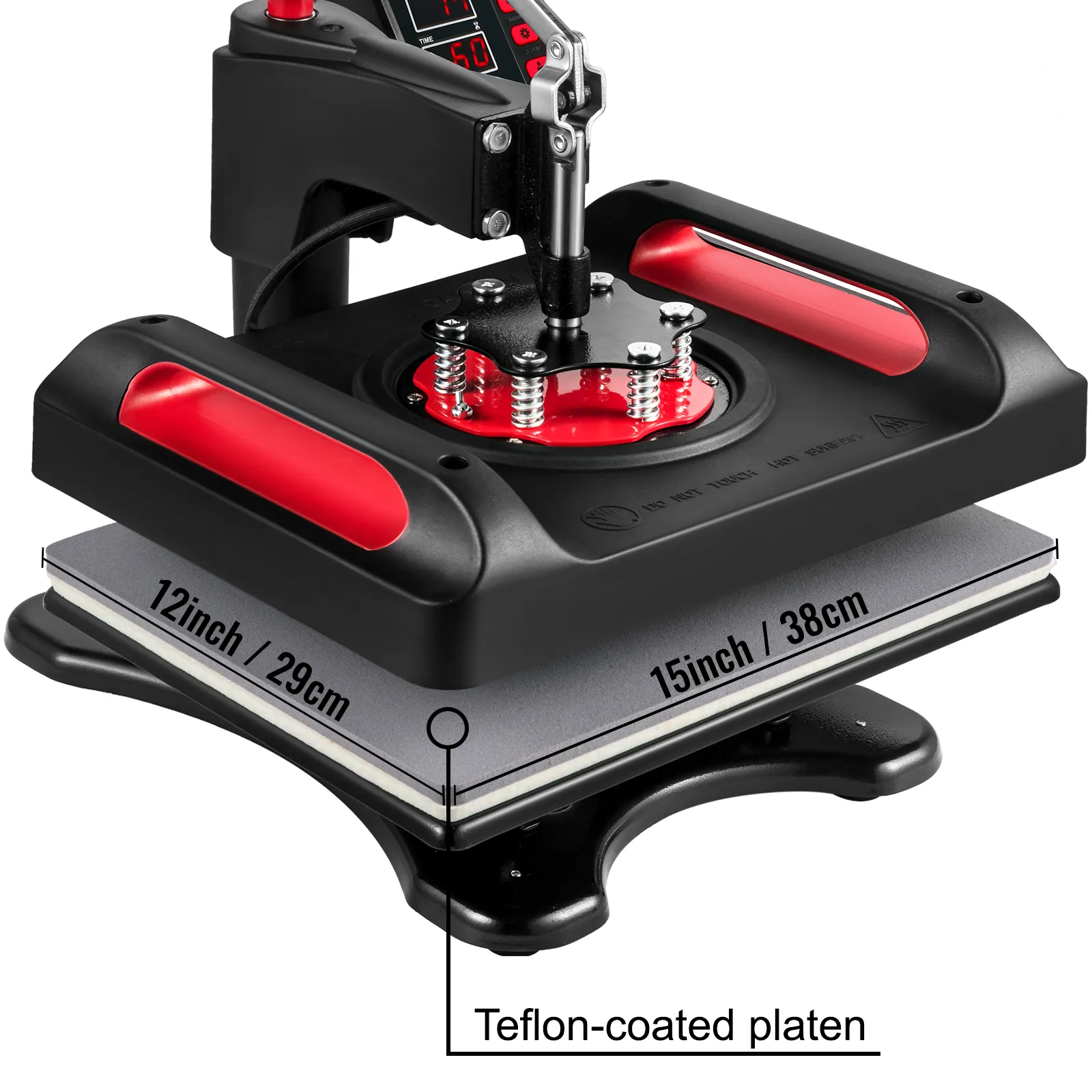 Máquina de prensado térmico VEVOR con placa recubierta de teflón, dimensiones 12 x 15 pulgadas.