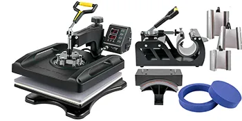 Máquina de prensado térmico VEVOR con múltiples accesorios y controles digitales.