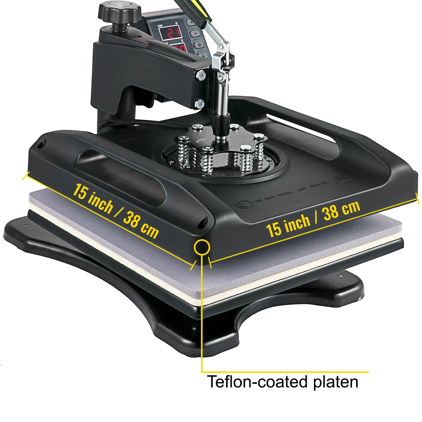 Máquina de prensado térmico VEVOR con placa recubierta de teflón de 15 pulgadas para una distribución uniforme del calor.