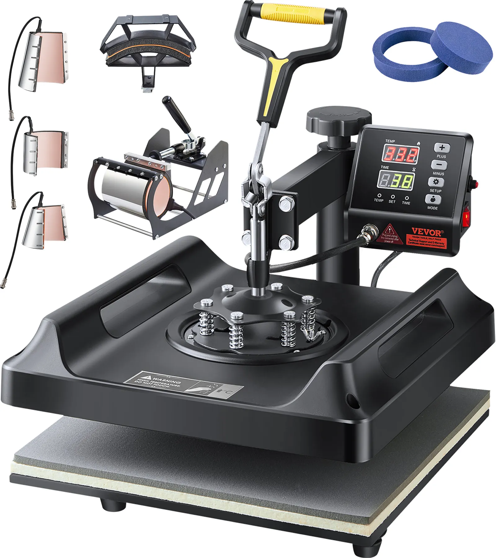 Máquina de prensado térmico VEVOR con varios accesorios y panel de control digital.