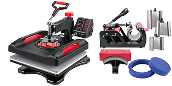 Máquina de prensado térmico VEVOR con accesorios que incluyen prensa para tazas y almohadillas circulares.