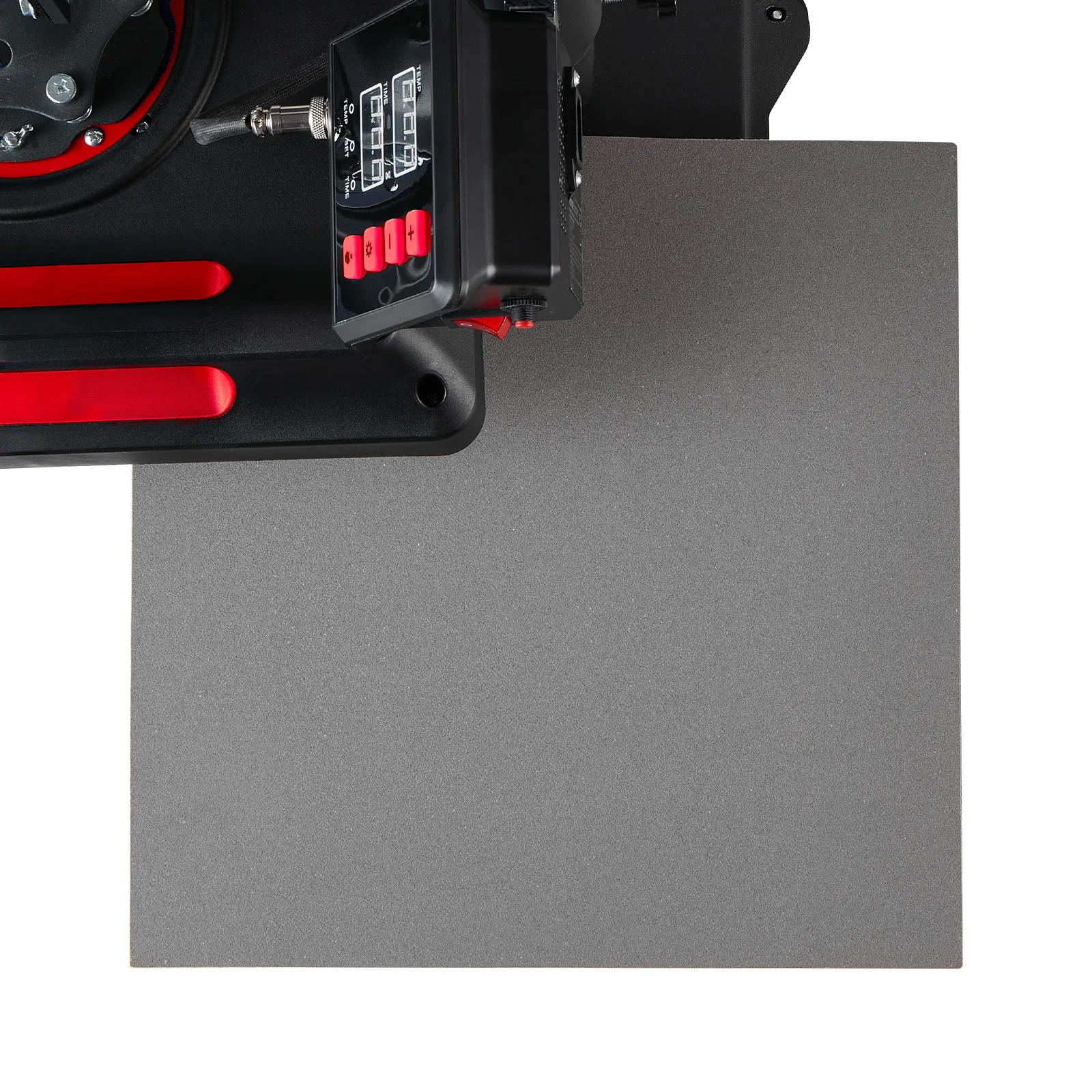 Pantalla de la máquina de prensado térmico VEVOR con configuraciones de temperatura y tiempo, botones más, menos, configuración y modo.