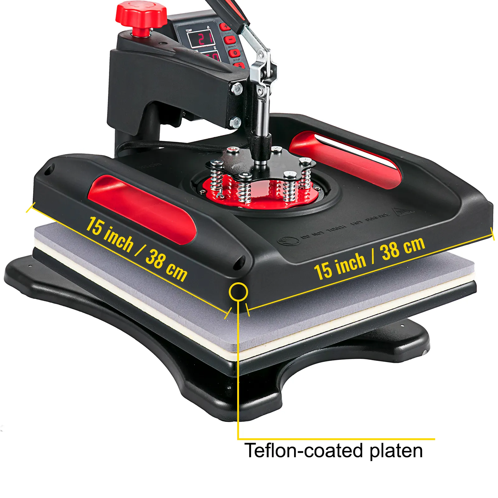 Máquina de prensado térmico VEVOR con placa recubierta de teflón de 15 pulgadas, diseño negro y rojo.