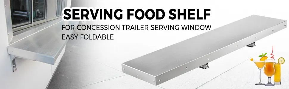 VEVOR concession shelf for easy foldable trailer serving window with drinks illustration.