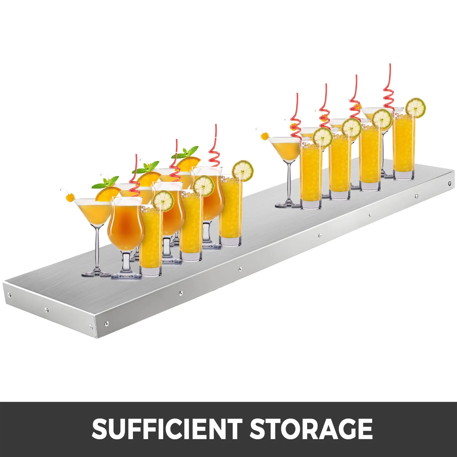 VEVOR concession shelf with assorted drinks showing ample storage capacity.