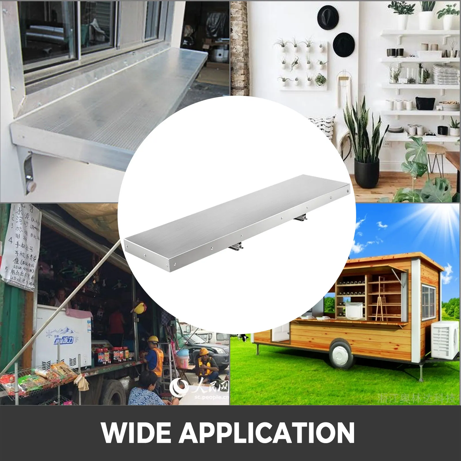 VEVOR concession shelf showcased in various applications, including food trucks and cafes.