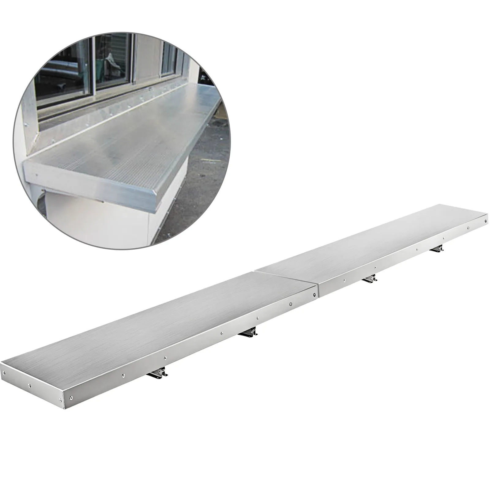stainless steel VEVOR concession shelf with a close-up view of installation.