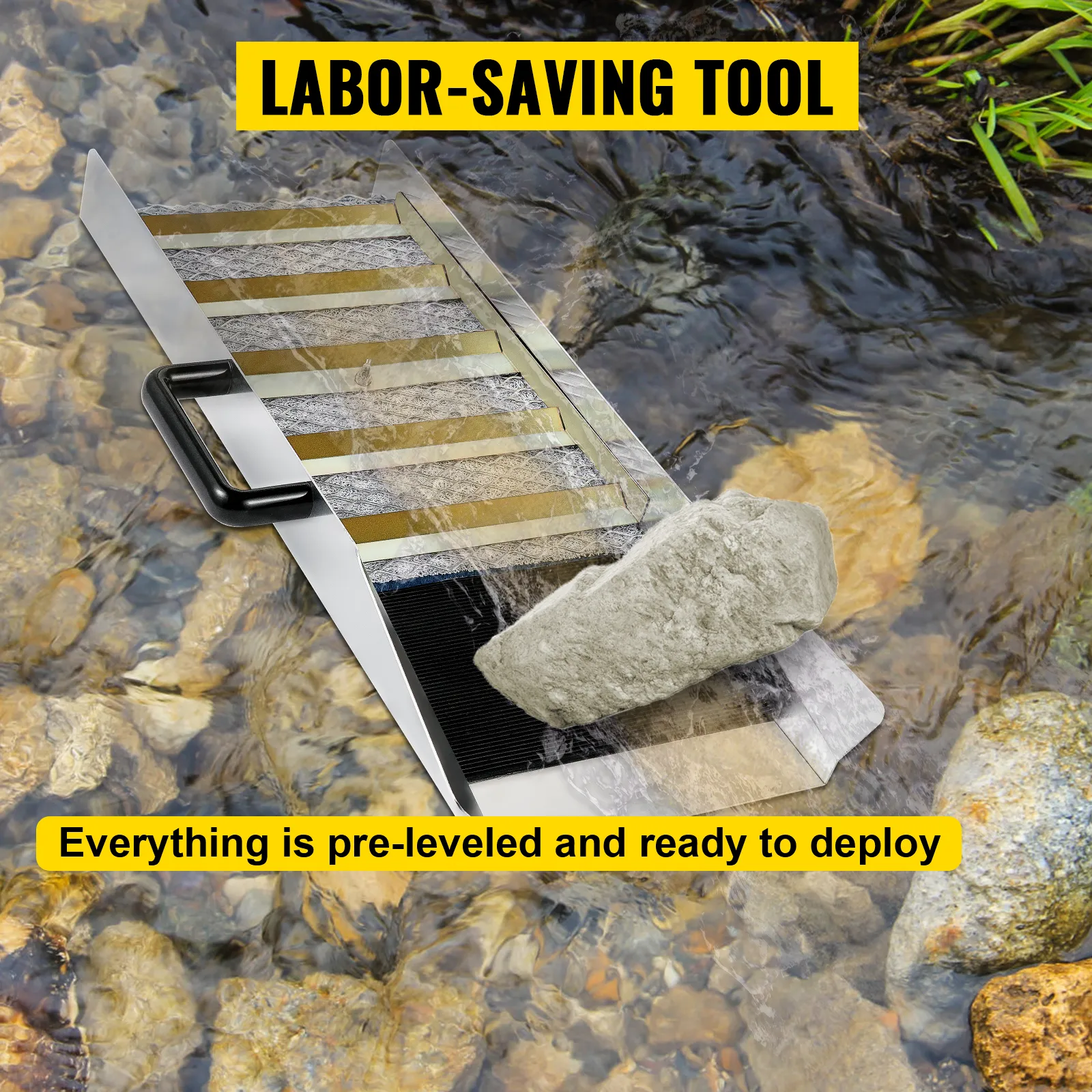 Caja de compuerta de oro VEVOR en un arroyo con una roca que la sujeta. Etiqueta de herramienta que ahorra mano de obra.