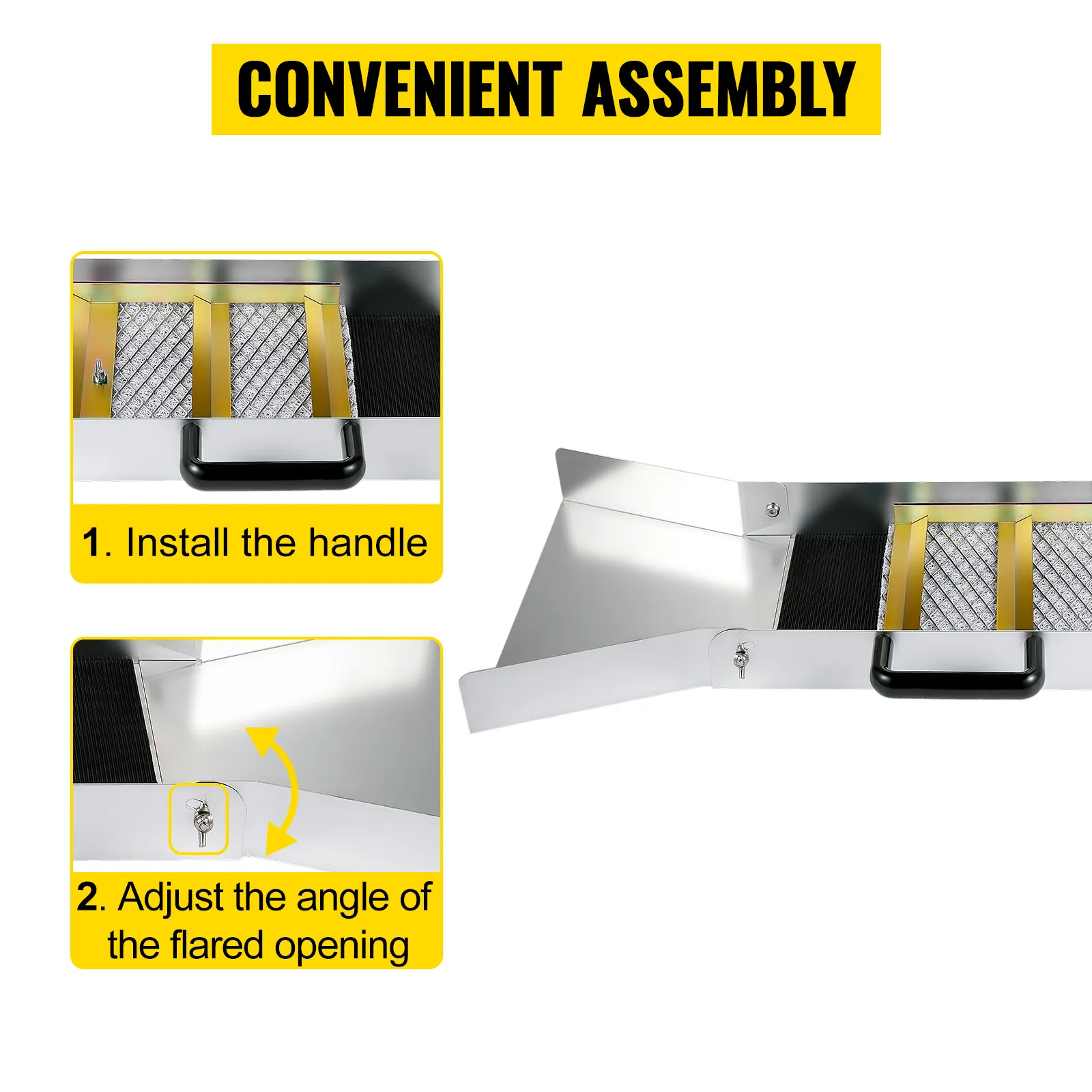 Guía de montaje de la caja de compuerta VEVOR: instalar la manija, ajustar el ángulo de apertura ensanchado.