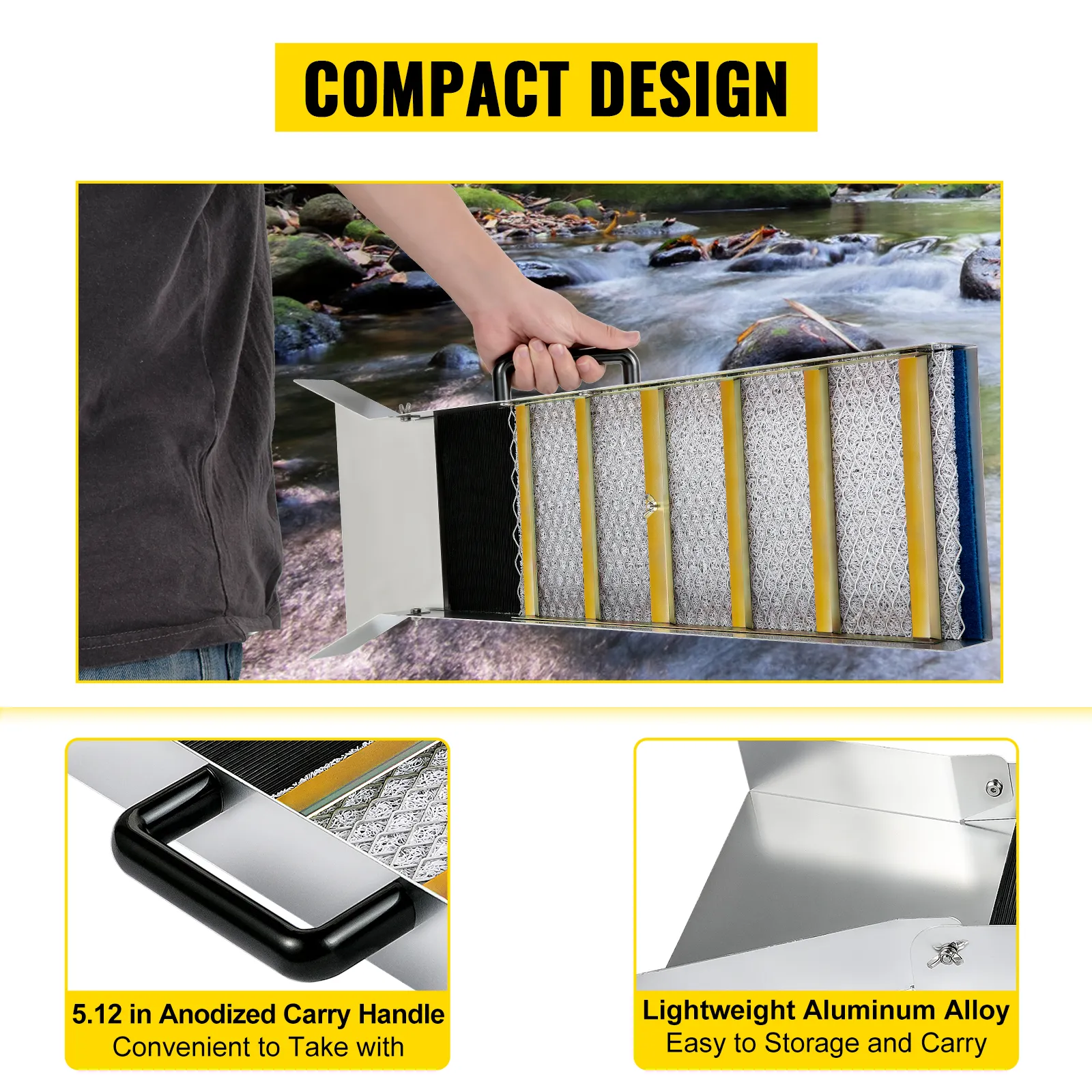 La caja de compuerta de aluminio VEVOR presenta un diseño compacto con asa y aleación liviana.