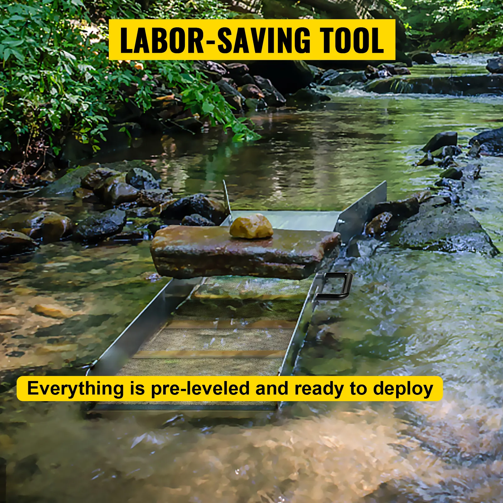 Caja de compuerta de aluminio VEVOR en un arroyo que fluye, etiquetada como "herramienta que ahorra mano de obra".