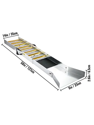 Caja de compuerta de aluminio plegable VEVOR con dimensiones etiquetadas: 50 pulgadas x 9 pulgadas x 2,6 pulgadas.