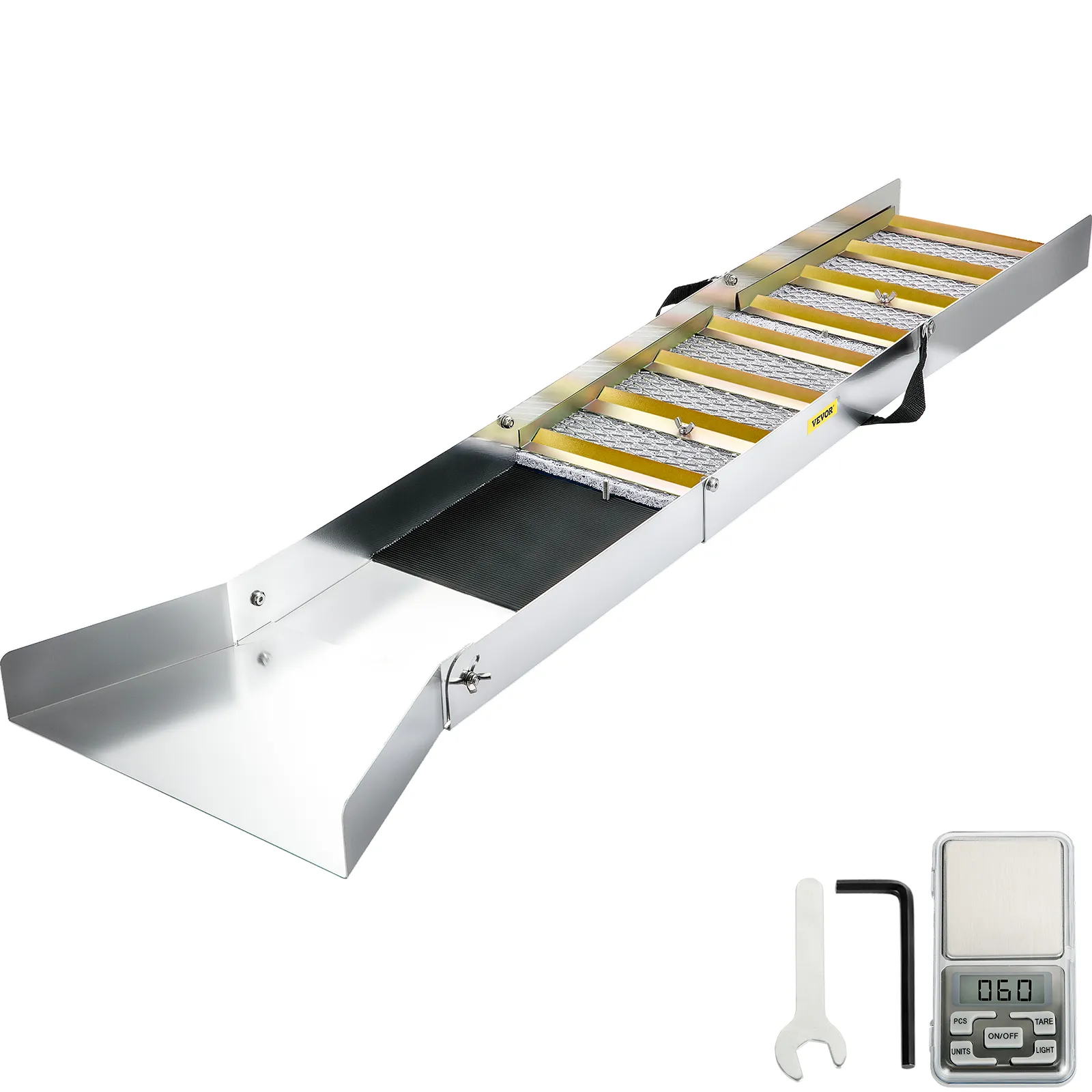 Caja de compuerta de aluminio plegable VEVOR con accesorios que incluyen una llave y una báscula digital.