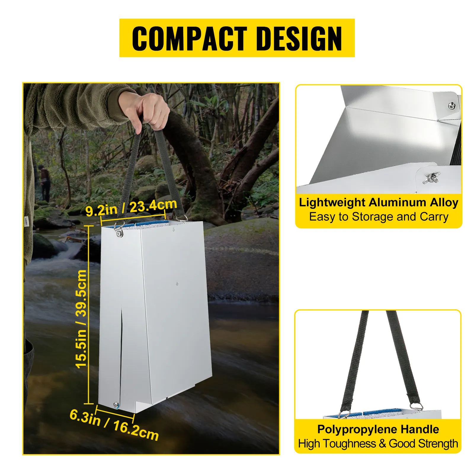 Caja de compuerta de aluminio plegable VEVOR con diseño compacto y aleación de aluminio ligera.