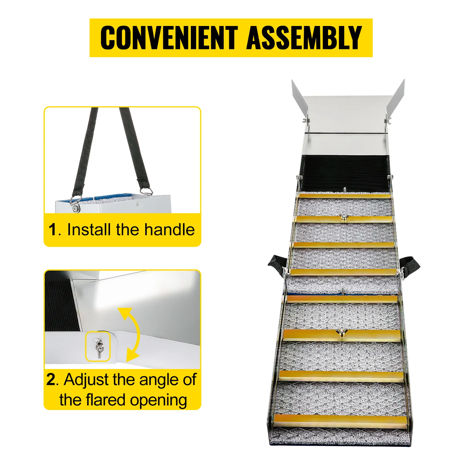 Caja de compuerta de aluminio plegable VEVOR con prácticas instrucciones de montaje.