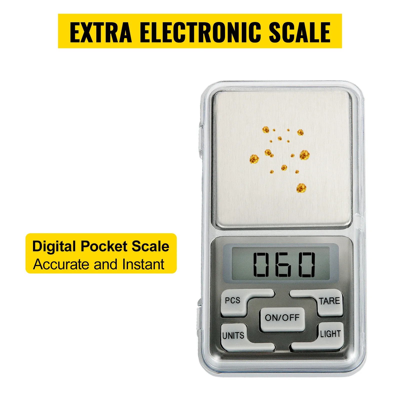 Báscula de bolsillo digital que muestra medidas precisas con pepitas de oro y botones fáciles de usar.