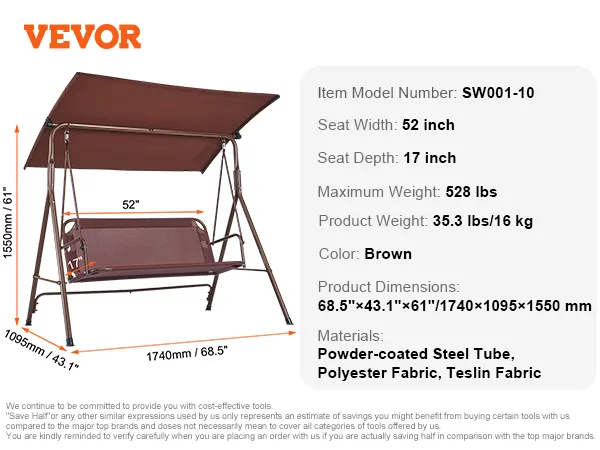 VEVOR patio swing chair with brown canopy, seat width 52", maximum weight 528 lbs, dimensions 68.5"x43.1"x61".