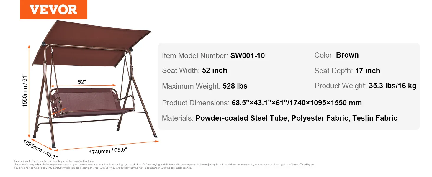 VEVOR patio swing chair with brown canopy, seat width 52", maximum weight 528 lbs, dimensions 68.5"x43.1"x61".