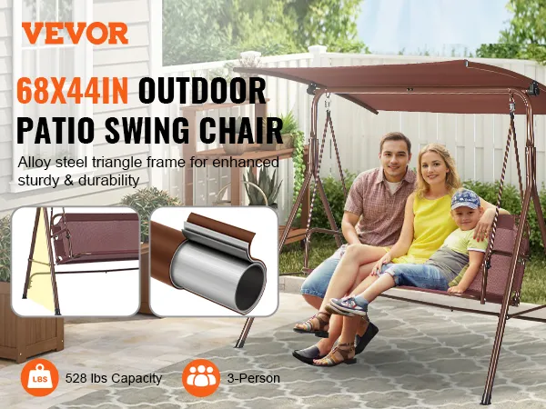 VEVOR patio swing chair for 3 people, alloy steel frame, 68x44in, 528 lbs capacity, with canopy in garden.