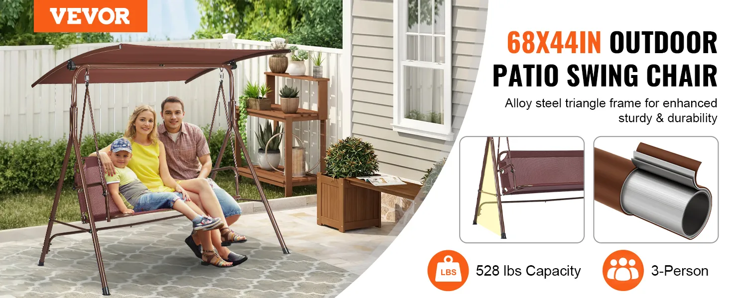 VEVOR patio swing chair for 3 people, alloy steel frame, 68x44in, 528 lbs capacity, with canopy in garden.