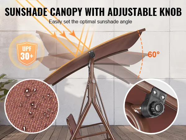 VEVOR patio swing chair with adjustable sunshade canopy, showcasing waterproof, fade-resistant fabric.