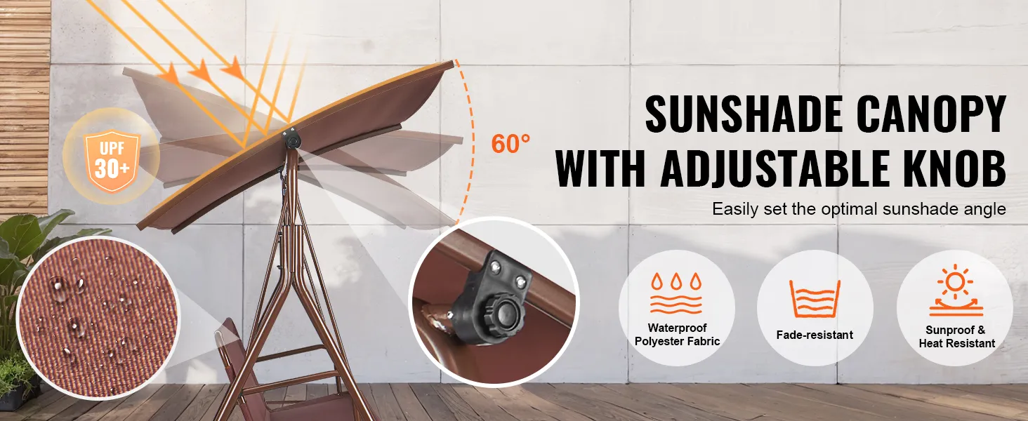 VEVOR patio swing chair with adjustable sunshade canopy, showcasing waterproof, fade-resistant fabric.